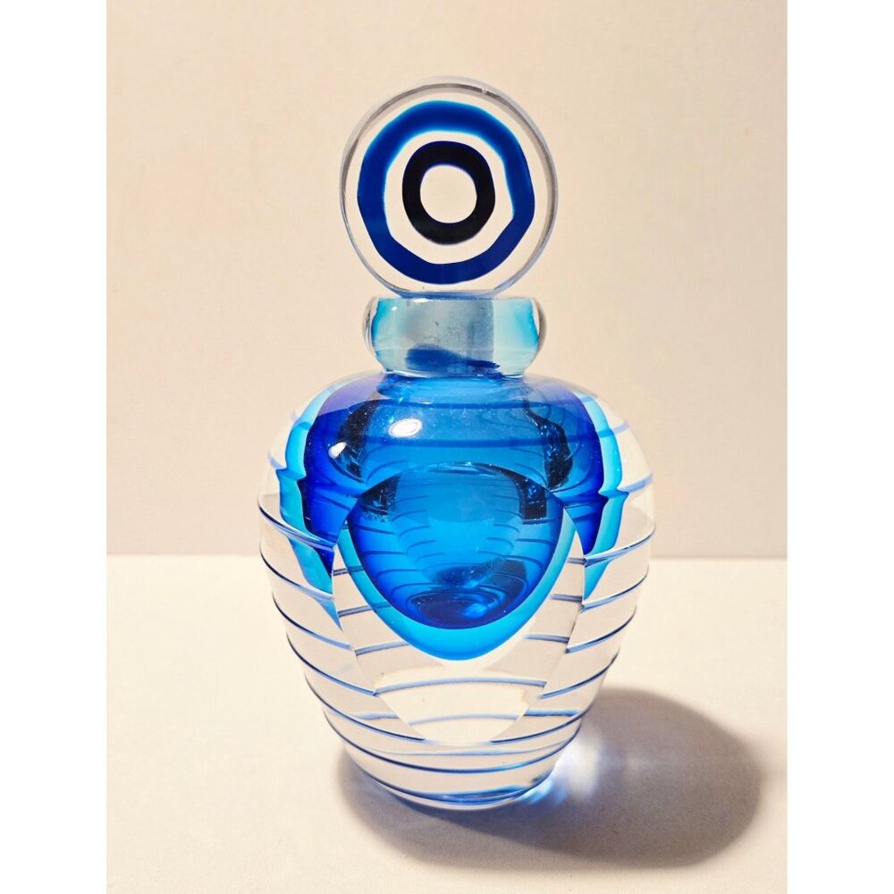 Huge Fifth Avenue Crystal Blue Art Glass Perfume Bottle Tall Clear & Swirl Desig - Picture 10 of 12